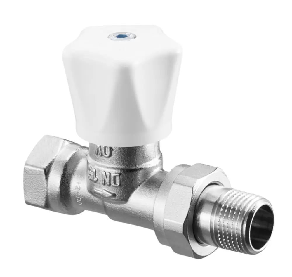 Handregulierventil mit weißem Griff und metallischen Anschlüssen. Oventrop-Produkt, das für die Regulierung des Durchflusses von Flüssigkeiten in Rohrleitungen dient.